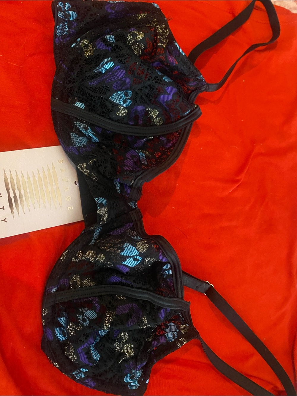 Fenty Beauty Black Lace Underwire Bra with Blue, Purple, and Gold Accents